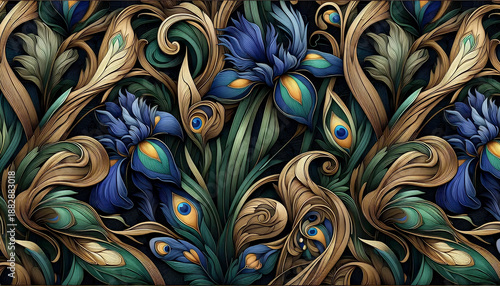An Art Nouveau iris and peacock feather seamless pattern, Ai generated image