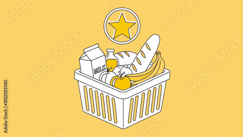 Illustration Of A Shopping Basket Full Of Fresh Food Items With A Star Above It