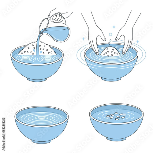 Illustration Depicting Rice Preparation: Pouring, Washing, and Rinsing Steps in a Blue Bowl