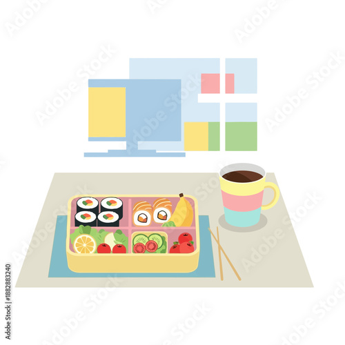 Illustration Of Bento Box, Coffee Cup And Computer On A Desk, Minimalist Style