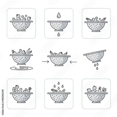 Illustration Depicting Stages of Washing and Rinsing Fruits and Vegetables in Kitchen