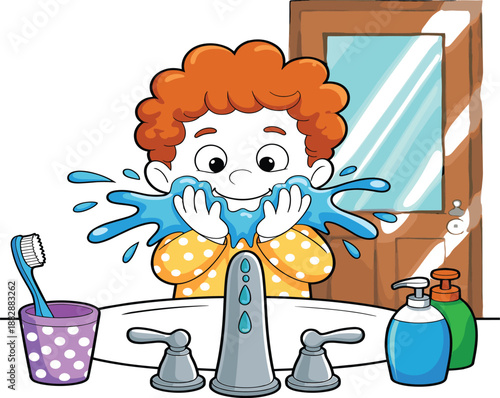 Cute cartoon child washing face at bathroom sink with water splashes, colorful vector illustration for kids hygiene education, cleanliness routine, and healthy daily habit concept