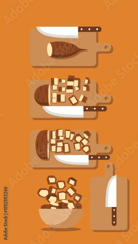 Illustration Of Cassava Preparation Sequence, Chopping Process, Food Preparation, And Culinary Steps