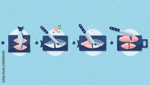 Illustration Of Fish Butchering, Showing Steps From Raw To Prepped With Knives