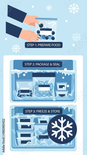 Illustration Of Food Preservation Process: Packaging, Freezing, and Storing Fresh Produce