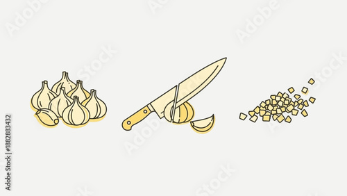 Illustration Of Garlic and Knife Depicting Food Preparation For Culinary Dishes and Recipes