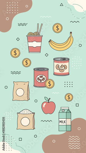 Illustration of Groceries and Currency Representing Food Costs and Grocery Shopping Necessities