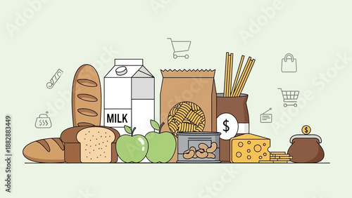 Illustration Of Grocery Items Showing Food Products, Price, And Shopping Related Icons