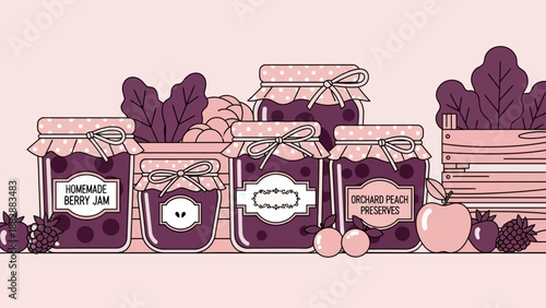 Illustration Of Homemade Jams And Preserves Displayed With Fresh Fruits And Foliage