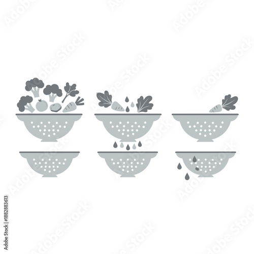 Illustration Of A Freshly Washed Assortment Of Vegetables Draining In Colanders For Culinary