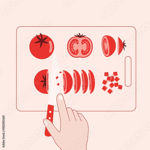 Illustration Of A Hand Slicing Fresh Red Tomatoes On A Cutting Board For Culinary Purposes