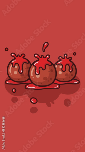 Illustrative Depiction of Scrumptious Meatballs Drenched in Vibrant Tomato Sauce on Red Background