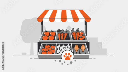 Illustration Of A Pet-Friendly Farmers Market Selling Fresh Produce in Orange and White