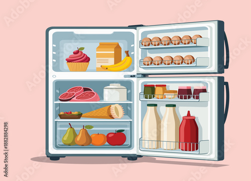 Open refrigerator filled with fresh food and drinks, detailed vector illustration for kitchen storage, grocery organization, healthy eating, and home appliance concept