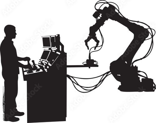 Industrial automation silhouette of an operator controlling a large robotic factory arm