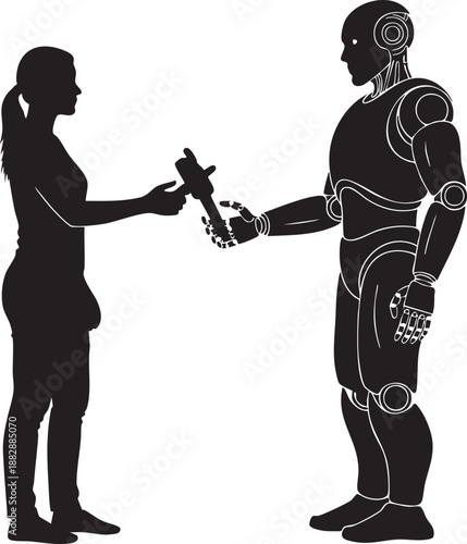 Human and robot cooperation silhouette showing a woman handing a tool to an android