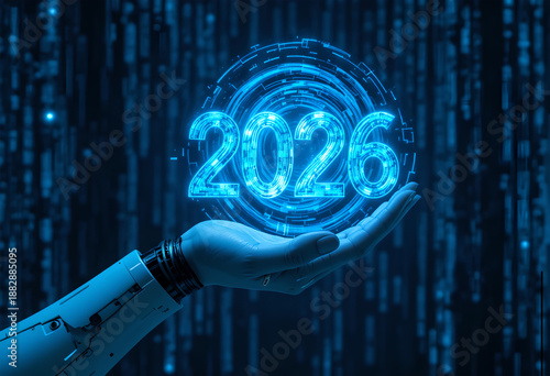 Robot hand interacting with circular 2026 HUD hologram and digital matrix background