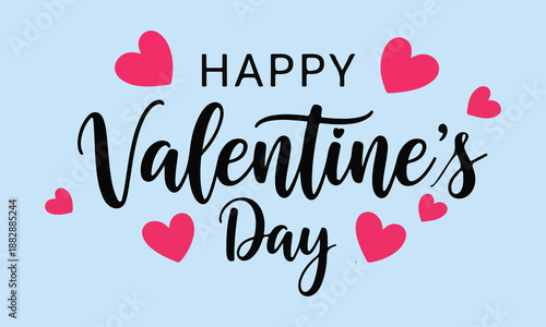 Happy Valentine's Day hand lettering typography with pink hearts on blue background.
