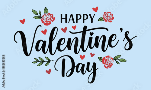 Elegant Happy Valentine's Day calligraphy with red roses and hearts on blue background.