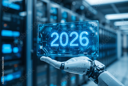 AI robotic hand holding 2026 holographic data screen in high-tech data center
