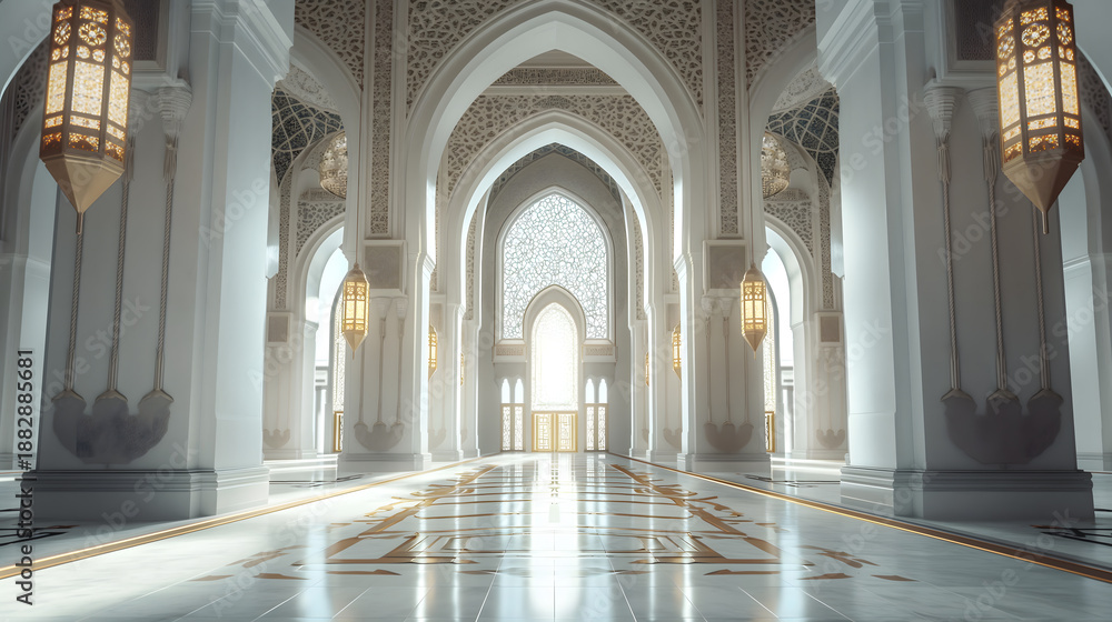 Fototapeta premium A serene and beautiful interior of a large mosque arches and intricate designs