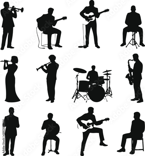 Silhouette musicians playing various instruments