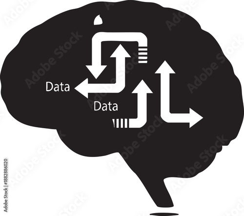 Human brain silhouette with internal data flow arrows representing information processing and cognitive learning.
