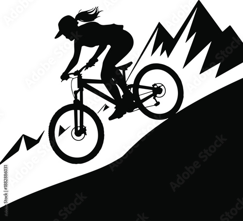 Silhouette of a Woman Mountain Biking Downhill