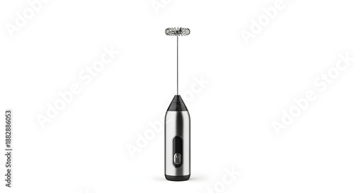 Sleek stainless steel handheld electric milk frother for creating creamy foam for coffee, lattes, and cappuccinos, isolated on a white background