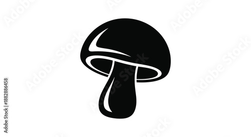 A striking black and white illustration depicts a single mushroom form exhibiting a smooth organic shape and a bold silhouette