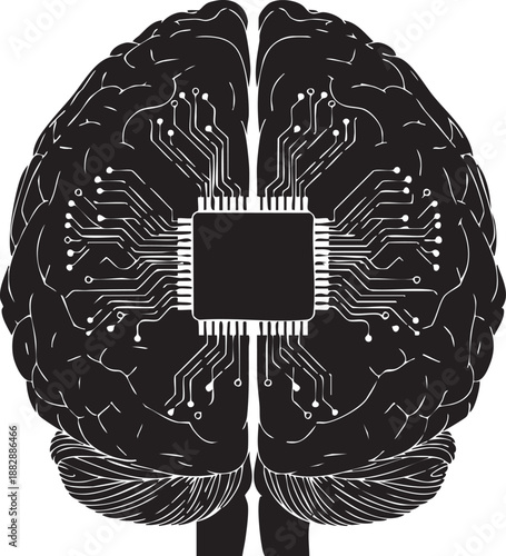 Human brain silhouette with a central microchip and circuit board patterns for neural technology.