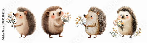 Adorable cartoon hedgehog collection featuring watercolor florals and gift bouquets. Charming animal set with autumn forest theme, ideal for children's projects and cute designs. Vector illustration.