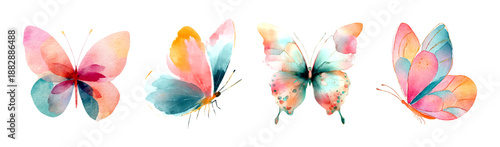 Watercolor butterfly set with cute spring insects. Colorful collection of flying butterflies, floral wings, and decorative clipart for birthday cards and summer designs. Vector illustration.