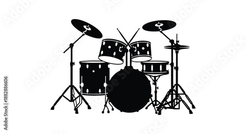A striking black and white illustration depicts a complete drum set featuring cymbals drums and stands presented as a bold silhouette