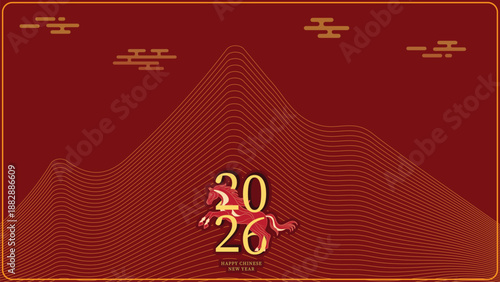 Flat Oriental Style Horse Zodiac 2026 Illustration with Deep Red Maroon Background Gold Line Mountain and Asian Cloud Ornament for Lunar New Year Background