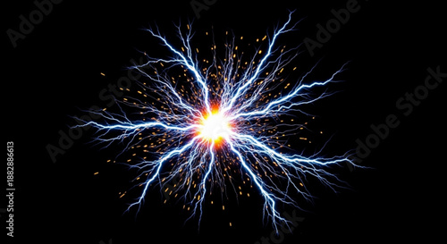 Electricity sparks fly through the air with bright blue and orange lights