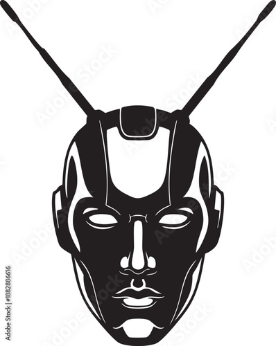 Futuristic robot face mask with antennas and cybernetic facial details for science fiction design.