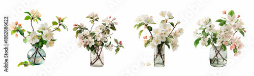 White apple blossoms and spring flowers in a vase. Watercolor floral bouquet with branches of flowering trees standing in a vase with water. Floral elements for spring designs. Vector illustration.