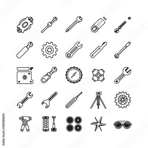  Comprehensive Collection of Industrial Engineering Tools Mechanical Hardware and Technical Equipment Icons. 