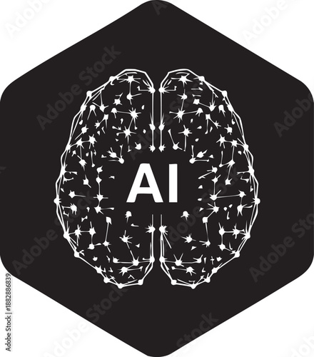 Artificial intelligence brain symbol inside a hexagon with neural network nodes and ai lettering.
