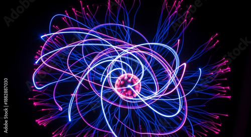 Vibrant neon light trails swirling in a mesmerizing pattern on a dark background