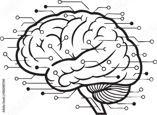 Outline of a human brain integrated with circuit board traces and nodes for cybernetic concepts.