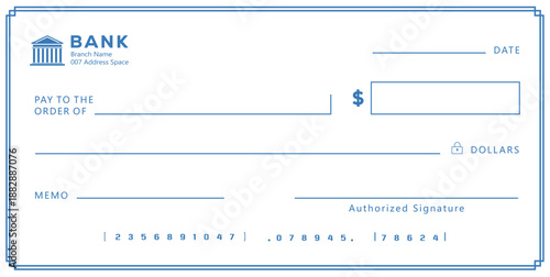 Blue Bank check, vector blank money cheque, checkbook template with guilloche pattern and fields. Currency payment coupon, money check background