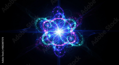Vibrant blue and purple glowing fractal design on a dark background with radiant starburst effect