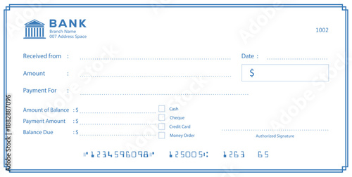 Blue Bank check, vector blank money cheque, checkbook template with guilloche pattern and fields. Currency payment coupon, money check background