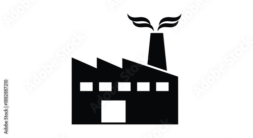 A stark depiction of an industrial factory building with a smoking chimney presented as a bold black silhouette high quality professional