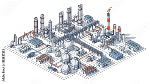 Industrial Chemical Plant Complex Isometric Illustration.