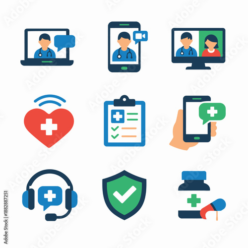 Telemedicine and healthcare app icons: virtual consultation, medicine, shield, heart, checklist