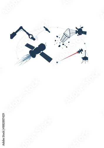 Space Junk Cleaning Silhouette, Satellite Debris Removal and Orbital Sustainability, Future Aerospace Environment Care Vector Design