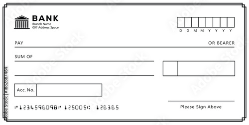 Bank check, vector blank money cheque, checkbook template with guilloche pattern and fields. Currency payment coupon, money check background